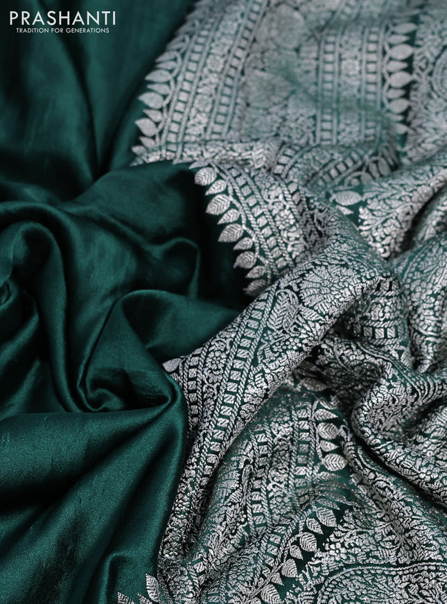 Banarasi crush crepe saree dark green with plain body and zari woven border