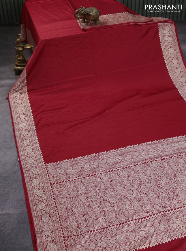 Banarasi crush crepe saree red with plain body and zari woven border