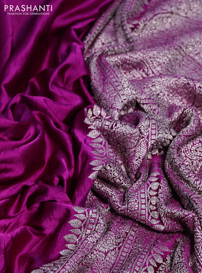 Banarasi crush crepe saree purple with plain body and zari woven border