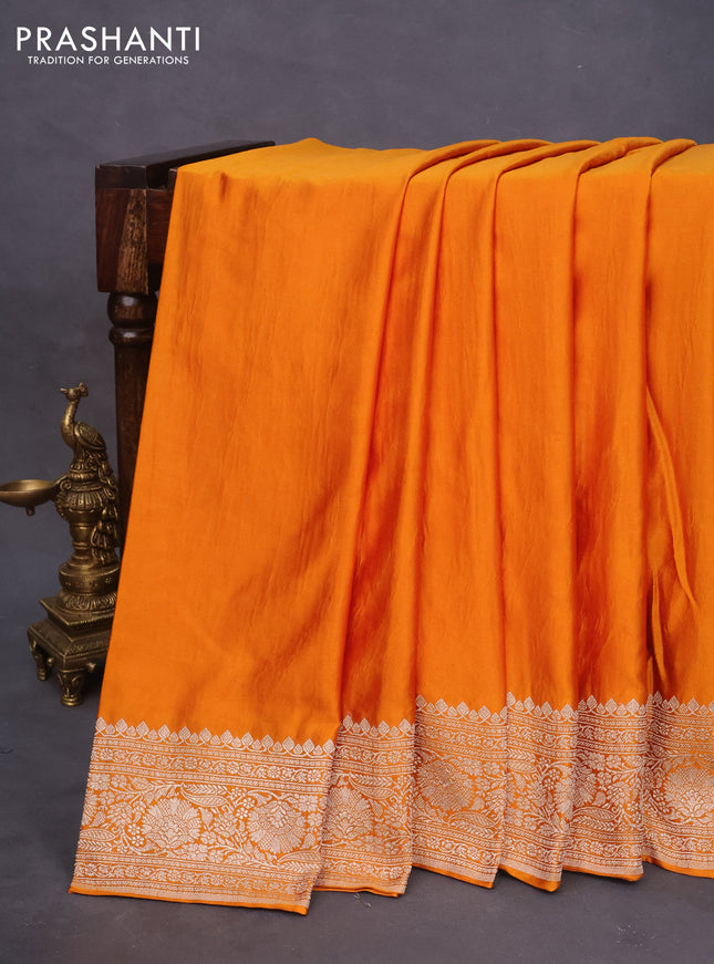 Banarasi crush crepe saree mustard yellow with plain body and zari woven border