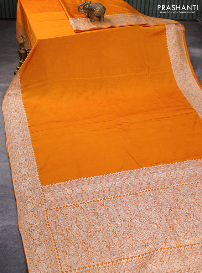 Banarasi crush crepe saree mustard yellow with plain body and zari woven border