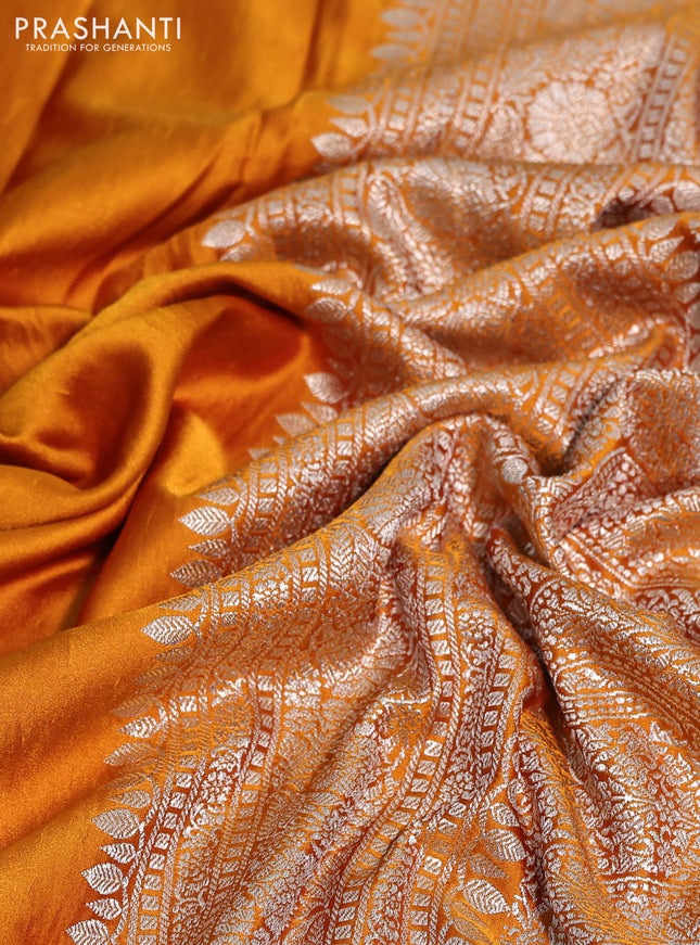 Banarasi crush crepe saree mustard yellow with plain body and zari woven border