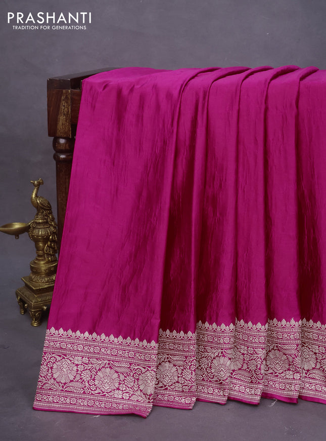 Banarasi crush crepe saree pink with plain body and zari woven border