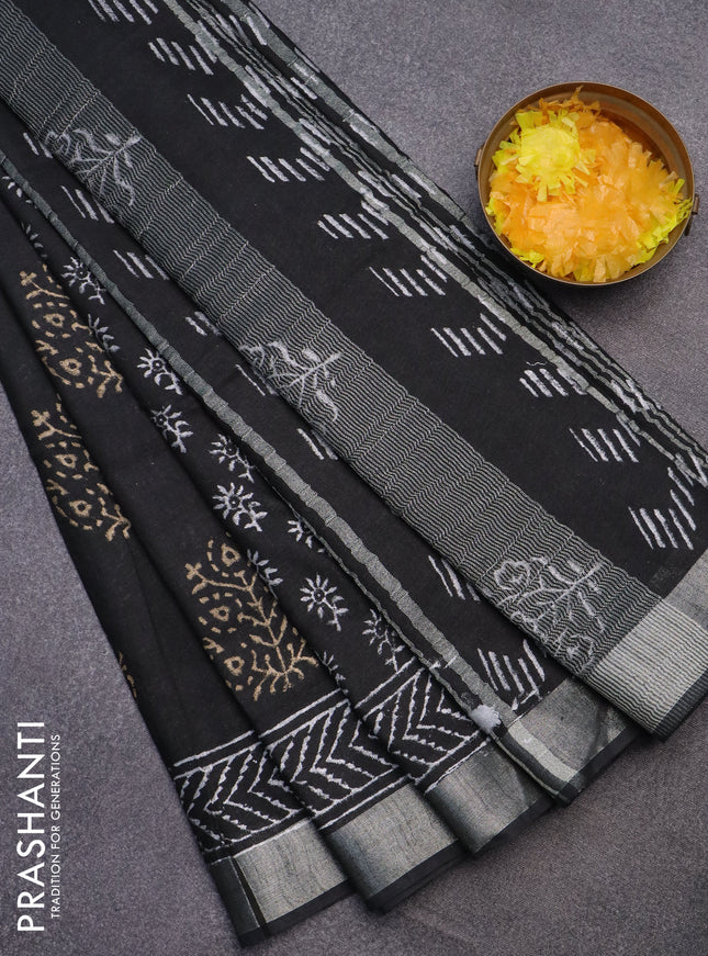 Linen cotton saree black with allover butta prints and silver zari woven border