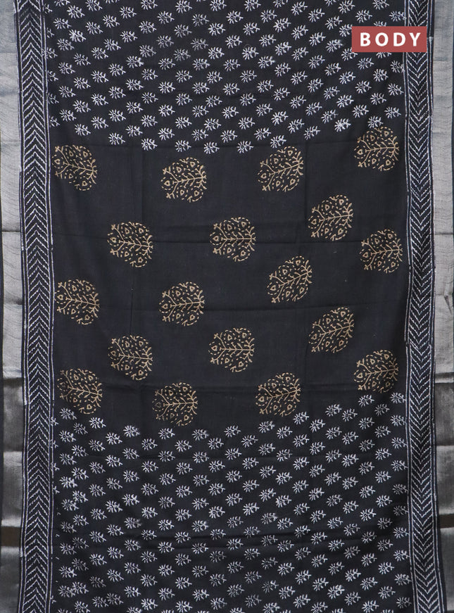 Linen cotton saree black with allover butta prints and silver zari woven border