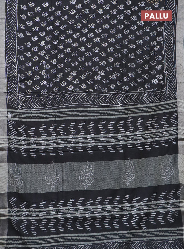 Linen cotton saree black with allover butta prints and silver zari woven border