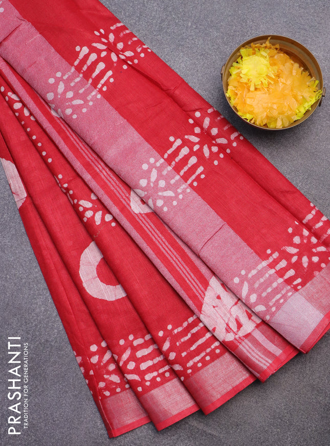 Linen cotton saree red with batik butta prints and silver zari woven border