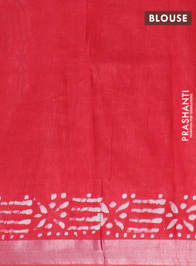 Linen cotton saree red with batik butta prints and silver zari woven border