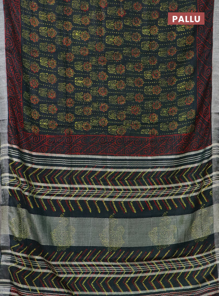 Linen cotton saree bottle green with allover floral butta prints and silver zari woven border