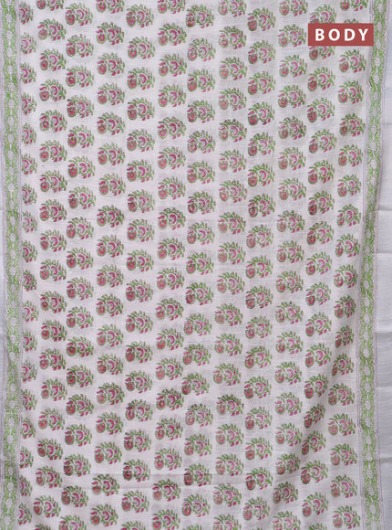 Linen cotton saree off white and green with allover butta prints and silver zari woven border