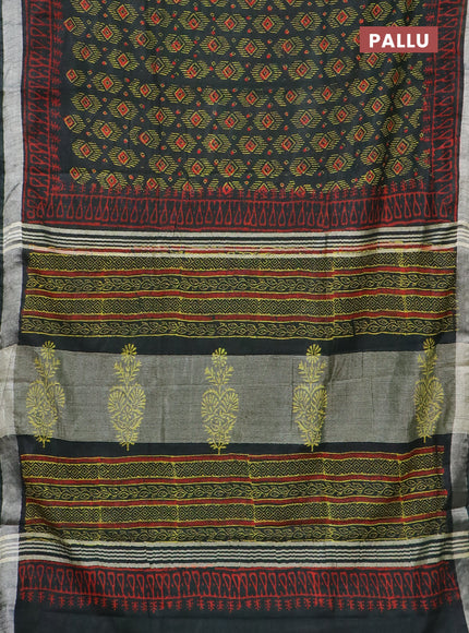 Linen cotton saree bottle green and red with allover butta prints and silver zari woven border