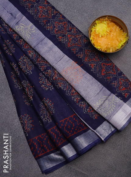 Linen cotton saree navy blue and red with allover peacock butta prints and silver zari woven border