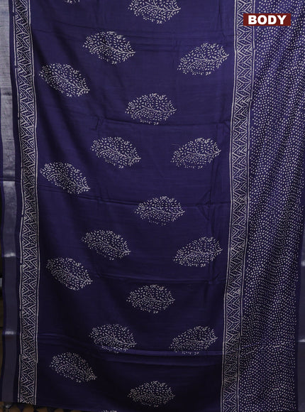 Linen cotton saree navy blue and red with allover peacock butta prints and silver zari woven border