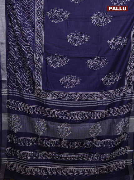Linen cotton saree navy blue and red with allover peacock butta prints and silver zari woven border