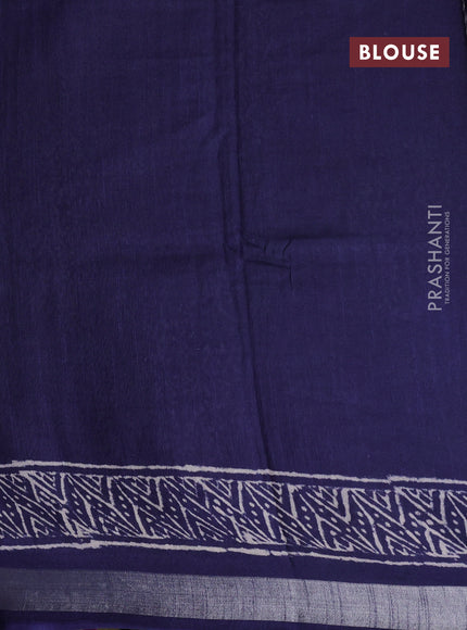 Linen cotton saree navy blue and red with allover peacock butta prints and silver zari woven border