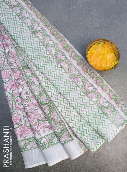 Linen cotton saree off white and pink green with allover kalamkari prints and silver zari woven border