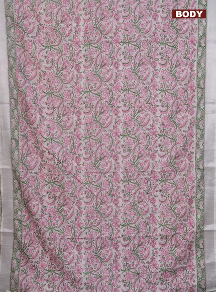 Linen cotton saree off white and pink green with allover kalamkari prints and silver zari woven border