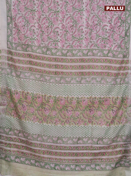 Linen cotton saree off white and pink green with allover kalamkari prints and silver zari woven border