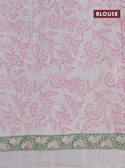 Linen cotton saree off white and pink green with allover kalamkari prints and silver zari woven border
