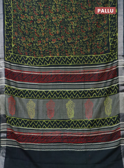 Linen cotton saree bottle green with allover prints and silver zari woven border