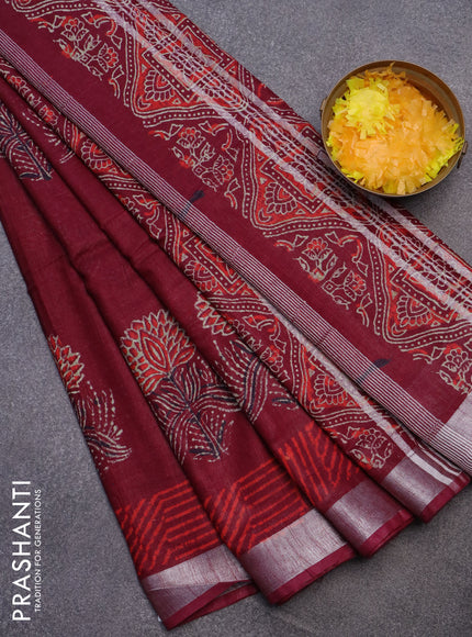 Linen cotton saree maroon with floral butta prints and silver zari woven border