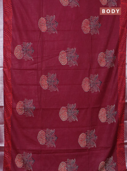 Linen cotton saree maroon with floral butta prints and silver zari woven border