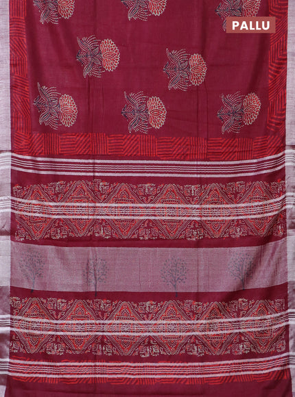 Linen cotton saree maroon with floral butta prints and silver zari woven border