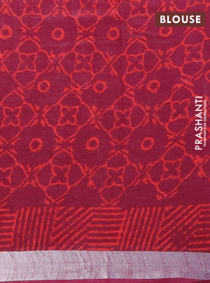 Linen cotton saree maroon with floral butta prints and silver zari woven border