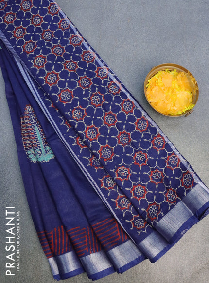 Linen cotton saree navy blue and red with butta prints and silver zari woven border