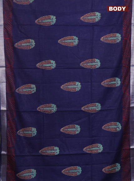 Linen cotton saree navy blue and red with butta prints and silver zari woven border