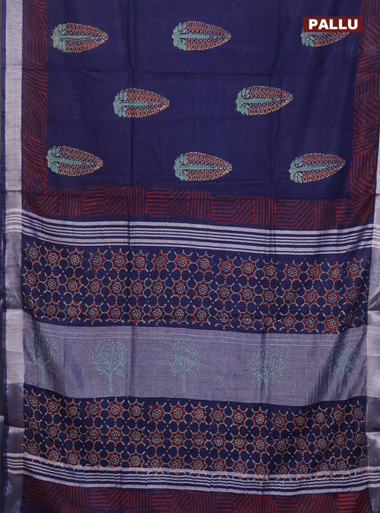 Linen cotton saree navy blue and red with butta prints and silver zari woven border