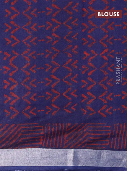 Linen cotton saree navy blue and red with butta prints and silver zari woven border