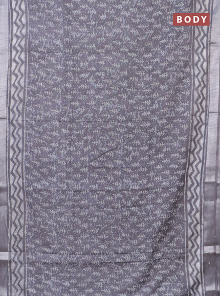 Linen cotton saree grey with allover dabu prints and silver zari woven border