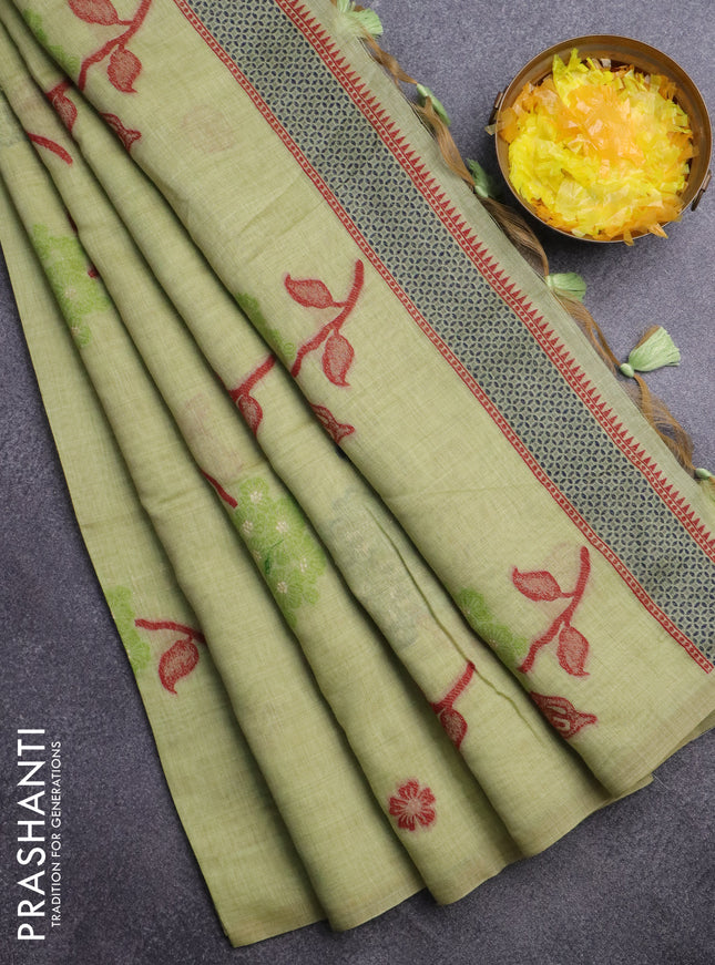 Munga cotton saree pista green and navy blue with floral thread woven buttas in borderless style