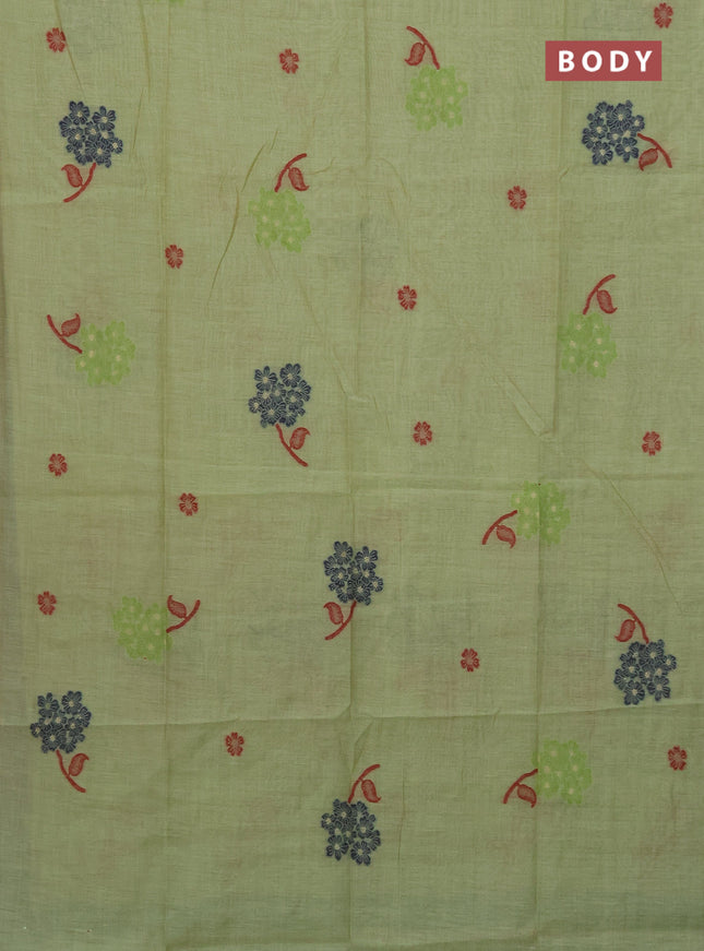 Munga cotton saree pista green and navy blue with floral thread woven buttas in borderless style
