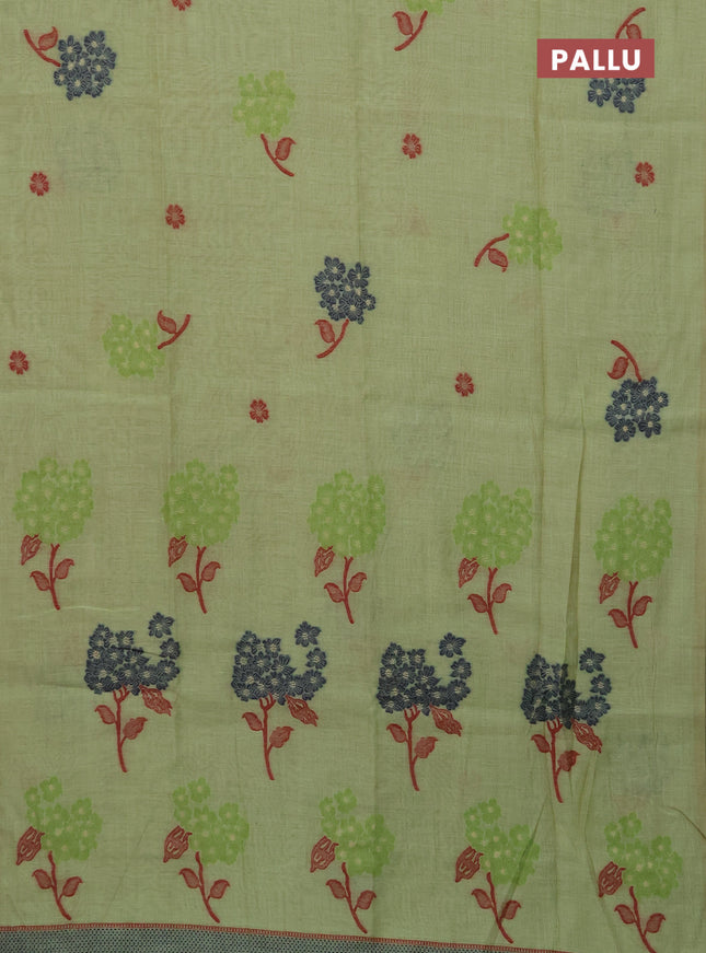 Munga cotton saree pista green and navy blue with floral thread woven buttas in borderless style