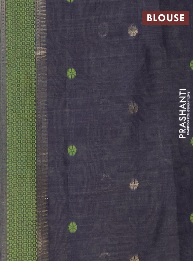 Munga cotton saree pista green and navy blue with floral thread woven buttas in borderless style