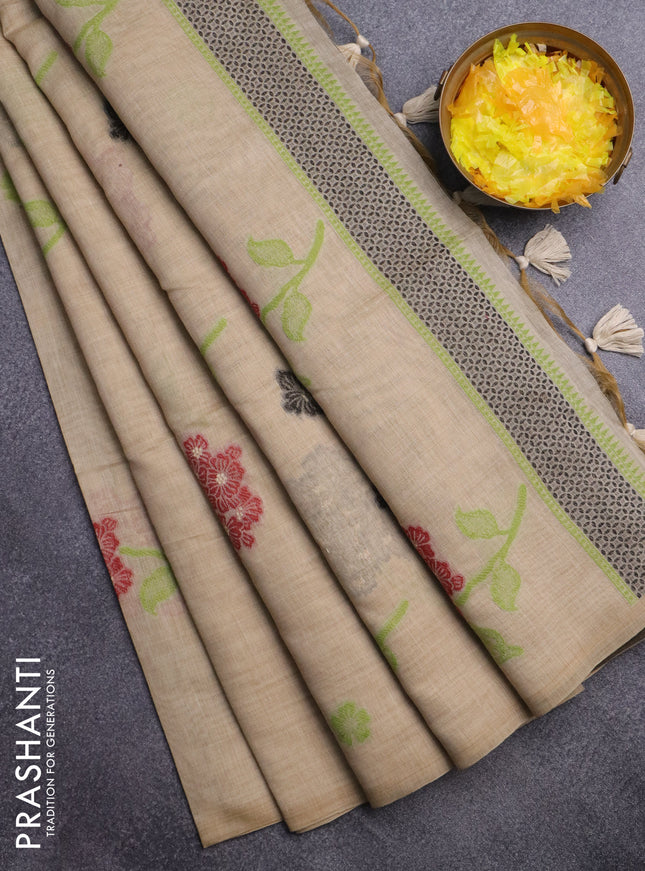 Munga cotton saree beige and black with floral thread woven buttas in borderless style