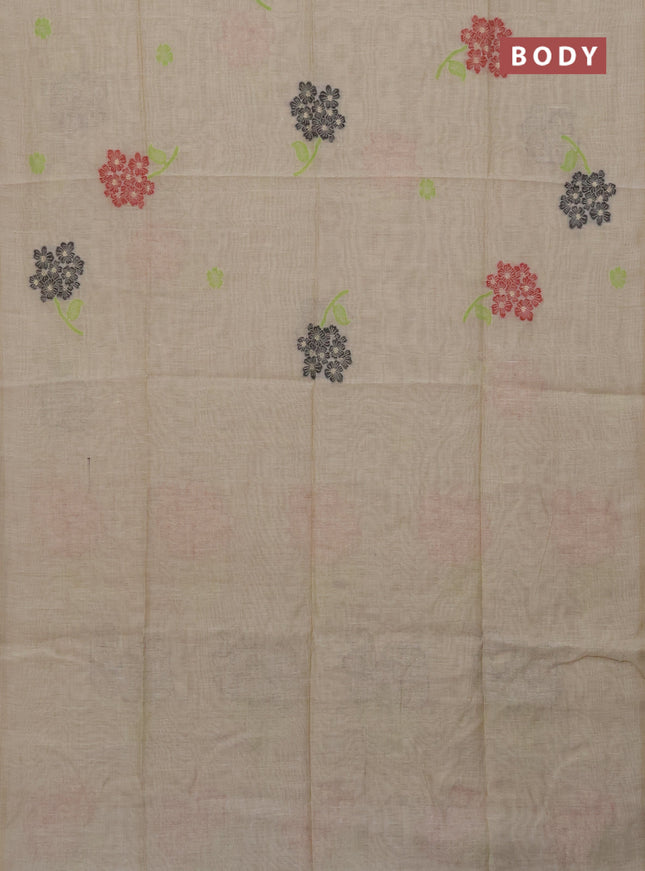 Munga cotton saree beige and black with floral thread woven buttas in borderless style