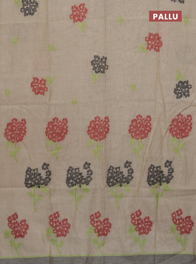 Munga cotton saree beige and black with floral thread woven buttas in borderless style