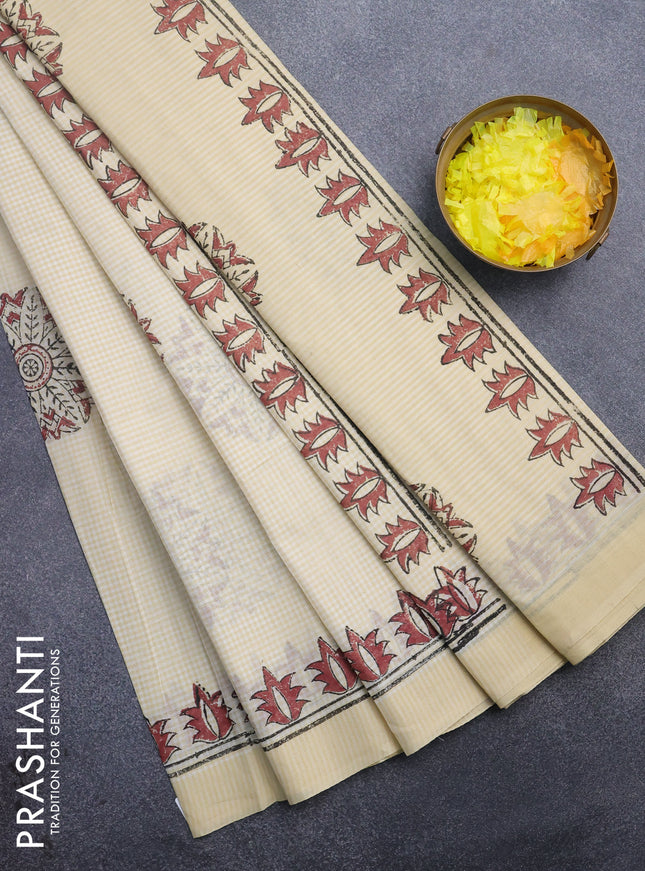 Chirala cotton saree cream and rust shade with butta prints and printed border