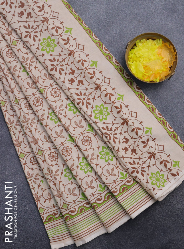 Chirala cotton saree cream and green with allover floral prints and printed border