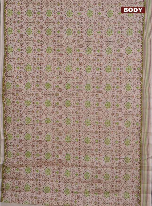 Chirala cotton saree cream and green with allover floral prints and printed border