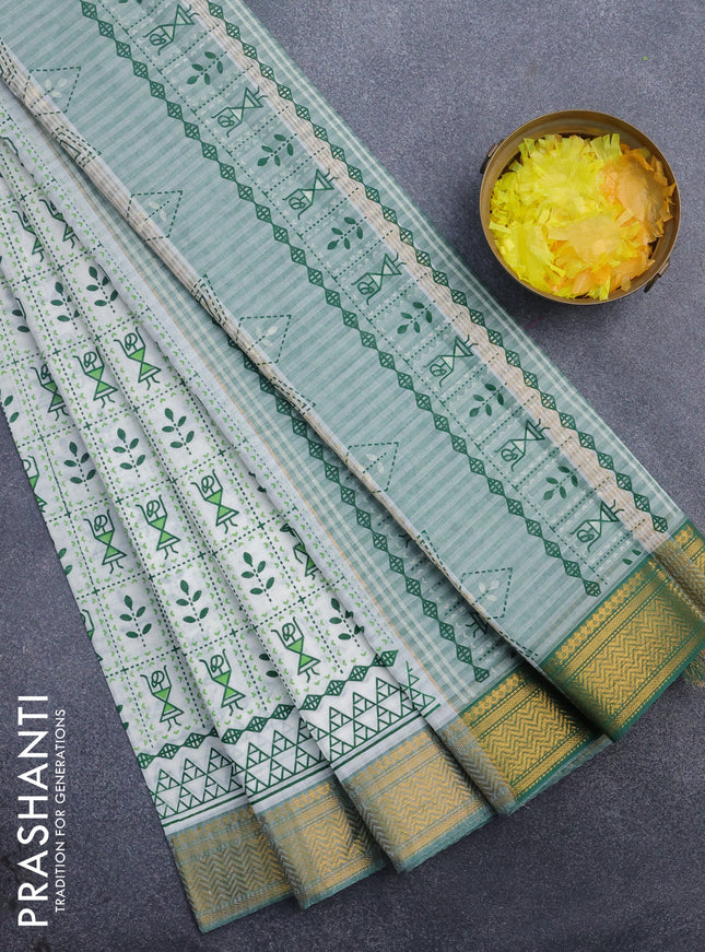 Chirala cotton saree off white and green with allover warli prints and zari woven border