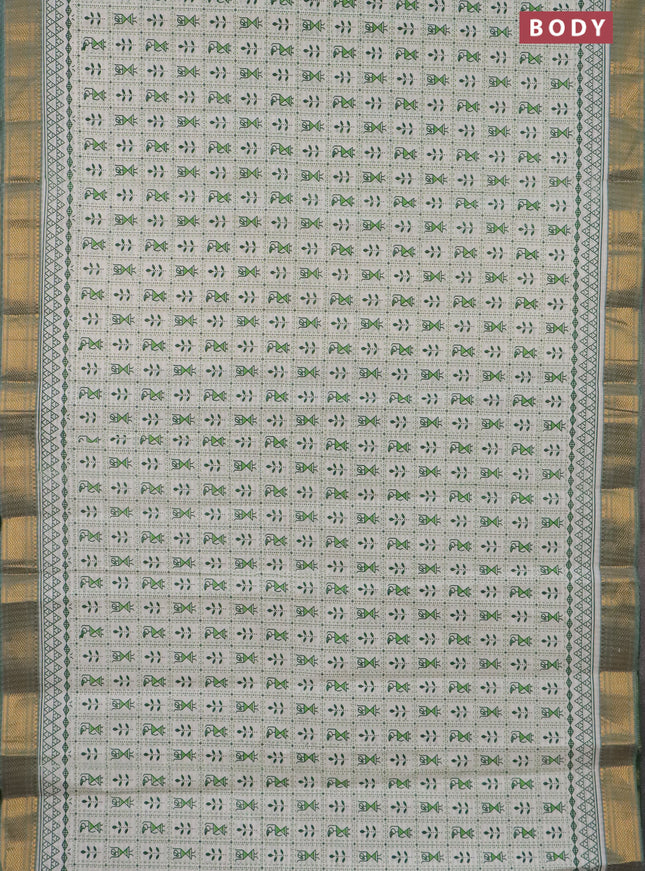 Chirala cotton saree off white and green with allover warli prints and zari woven border
