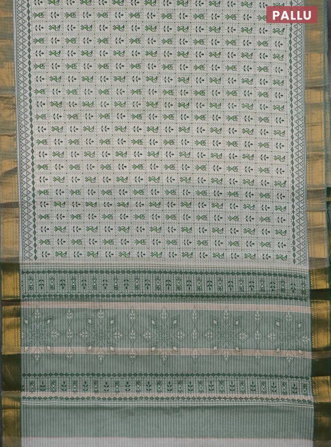 Chirala cotton saree off white and green with allover warli prints and zari woven border