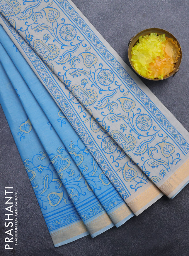 Chirala cotton saree blue with leaf butta prints and printed zari woven border