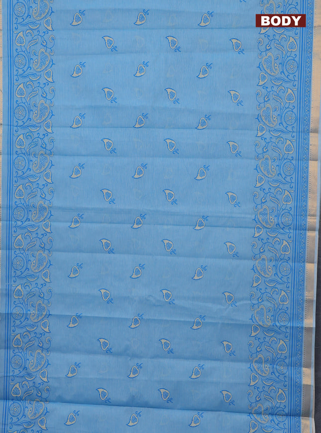 Chirala cotton saree blue with leaf butta prints and printed zari woven border