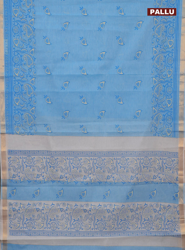 Chirala cotton saree blue with leaf butta prints and printed zari woven border