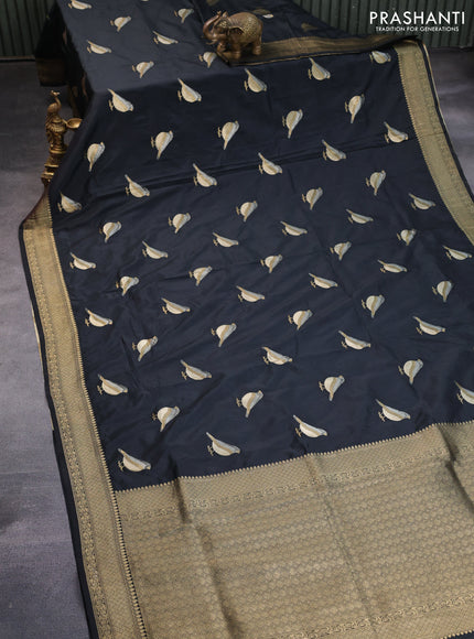 Banarasi semi katan saree black with zari woven bird buttas and zari woven border